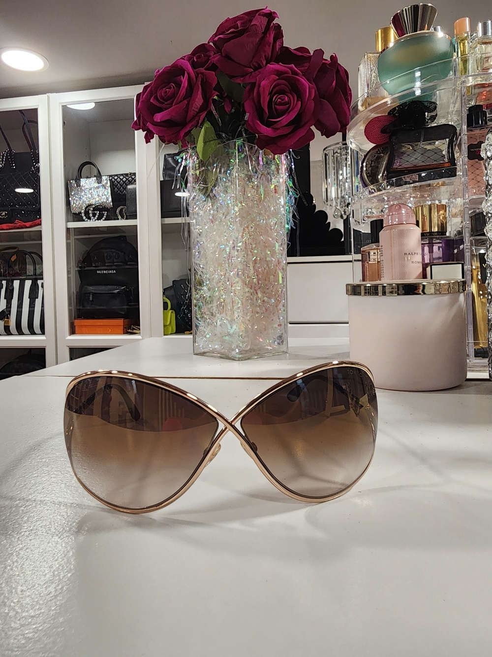 Tom Ford Gold Frame Brown Gradient Oversized Sunglasses
